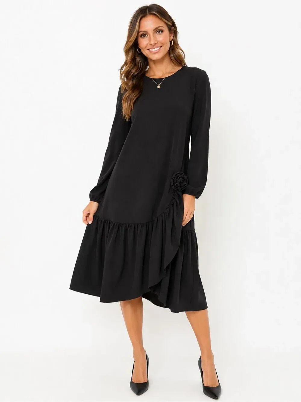Umba for Parves Feinstein Black Vintage Rosette Ruffle Dress Size Small See Meas